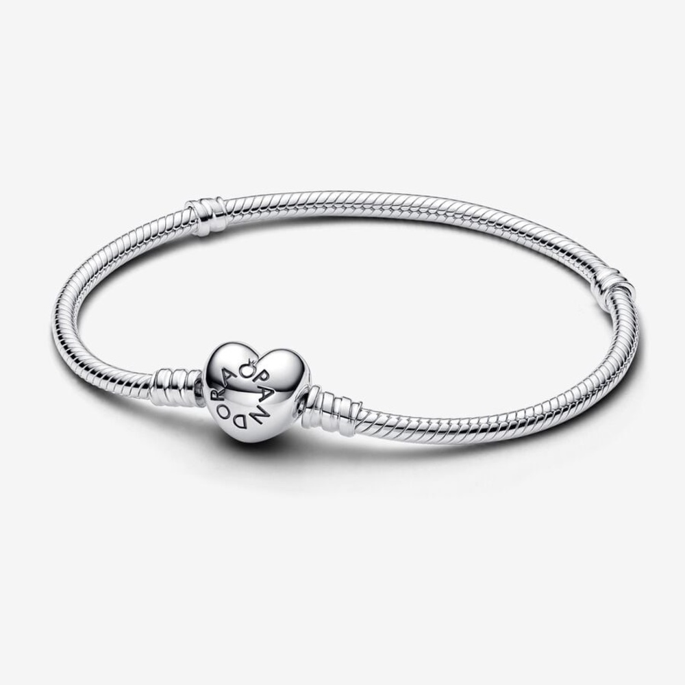 Pandora Moments Heart Clasp Snake Chain Bracelet with “R” charm